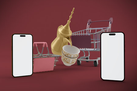 Eid Shopping Trolley and Mobiles Front Sideの写真素材