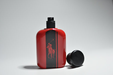 Terengganu, Malaysia-Dec 15th,2020-A small Red Raplh Lauren Polo Perfume with backgroundのeditorial素材