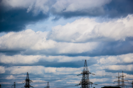 Blue sky with clouds over the village in the early morningの写真素材