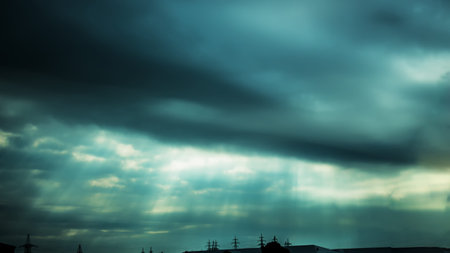 Blue sky with clouds over the village in the early morningの写真素材