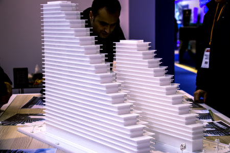 Multi-storey houses, photograph was taken in Baku at a construction exhibition at the Ekspotsentr on...