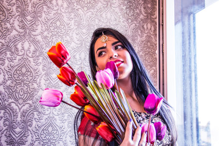 Girl with flowersの写真素材