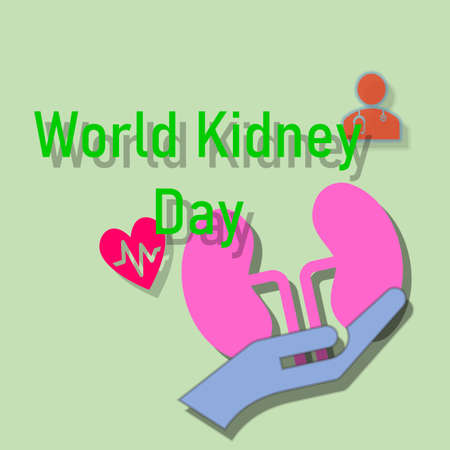 The illustration shows a picture of doctor, kidney and heart condition. There is a word that is World Kidney Day.の写真素材