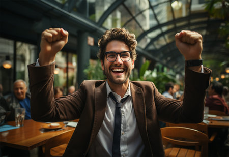 Cheerful young businessman celebrating success in a coffee shop. Cheerful young man raising his hands up.の素材