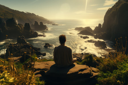 Man sitting on the cliff and looking at ocean at sunset in summerの素材