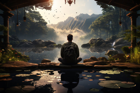 Man sitting on rock and looking at waterfall. 3D Renderingの素材