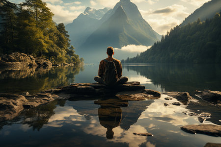 Man meditating on a lake in front of a mountain peak.の素材