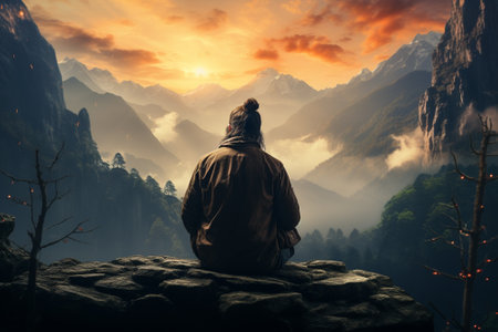 Man sitting on the rock and looking at the misty landscape.の素材
