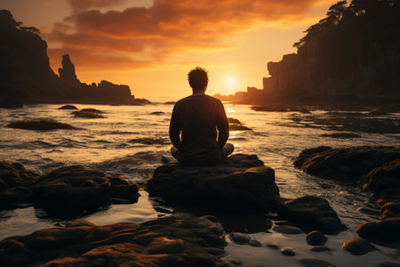 Silhouette of a man meditating on the beach at sunsetの素材