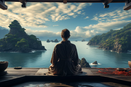 Young woman sitting on the edge of a wooden terrace overlooking the seaの素材