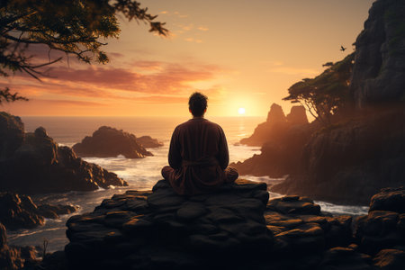 A young man meditating on a cliff above the ocean at sunsetの素材