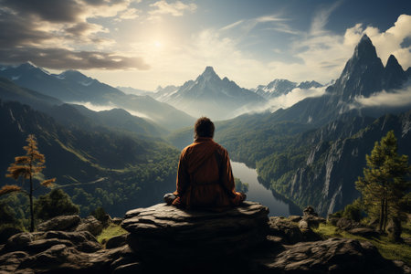 Buddhist monk sitting on a rock and looking at the mountains.の素材