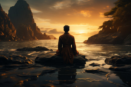 Young man in a robe sitting on a rock by the sea at sunsetの素材