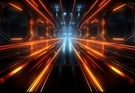 futuristic scifi tunnel corridor with glowing lights and reflections 3d renderingの素材