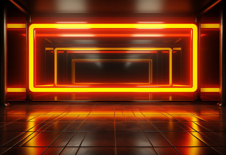 Futuristic room with glowing neon light. 3D rendering.の素材