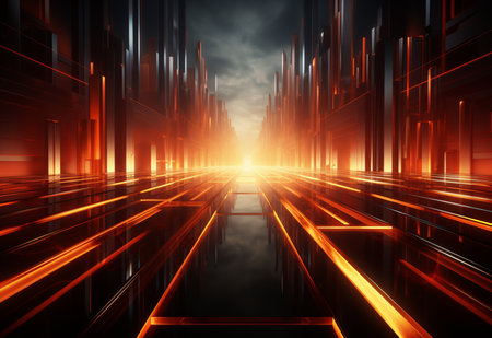 Futuristic corridor with glowing lights in the dark. 3D renderingの素材