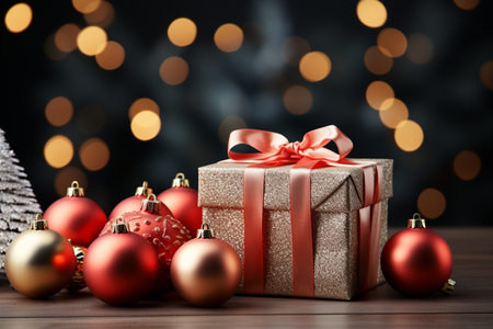 Christmas gift box with red ribbon and baubles on bokeh backgroundの素材