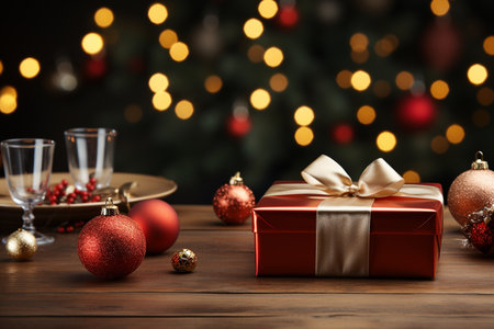 Beautiful Christmas composition with gift box on table against blurred festive lightsの素材
