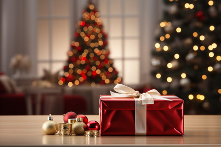 Gift box with Christmas baubles on table against blurred backgroundの素材