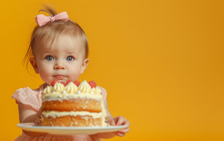Cute little girl with birthday cake on yellow background. Copy space.の素材