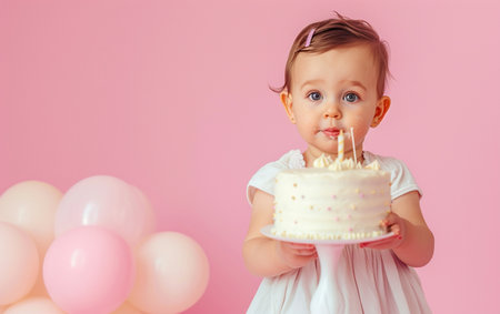 Cute baby girl with birthday cake and balloons on pink background.の素材