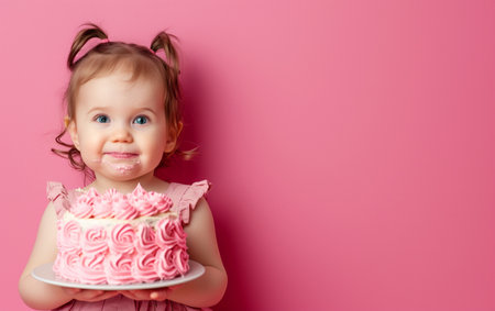 Cute little girl with birthday cake on pink background. Copy space.の素材