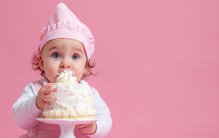 cute baby girl in a pink hat with a cake on a pink backgroundの素材