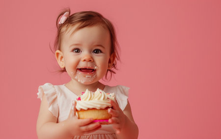 Cute little girl with a cupcake on a pink background.の素材