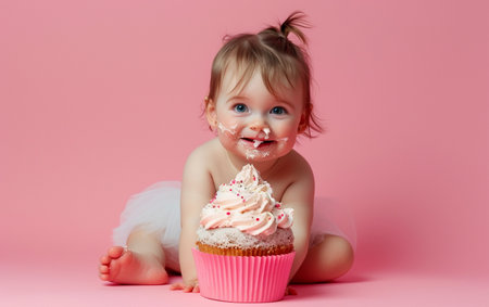 Cute baby girl with cupcake and cream on pink background.の素材