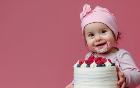 Cute little girl in a pink hat with a cake on a pink backgroundの素材