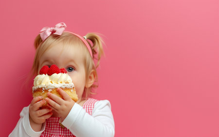 Cute little girl eating cupcake on pink background, closeupの素材