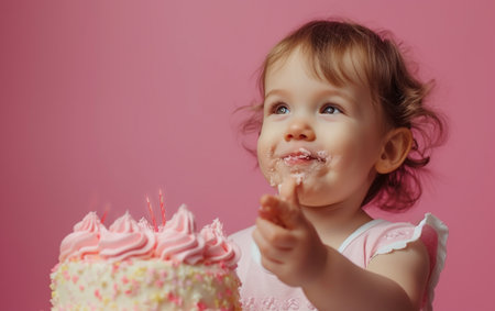 Little girl with a birthday cake on a pink background. Copy spaceの素材