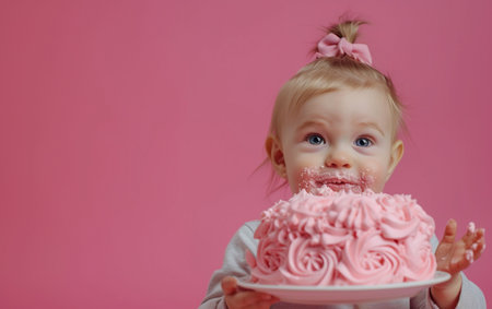 Cute little girl eating a birthday cake on a pink background.の素材