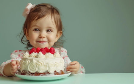 Cute little girl with a birthday cake on a gray background.の素材