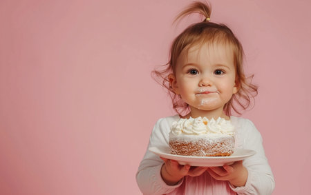 Little girl with a cake on a pink background. Copy space.の素材