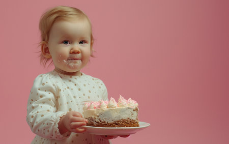 Cute little girl with birthday cake on pink background. Copy spaceの素材