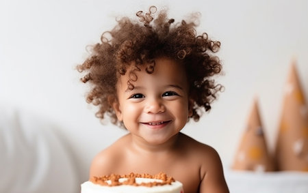 Cute african american baby with birthday cake on white backgroundの素材