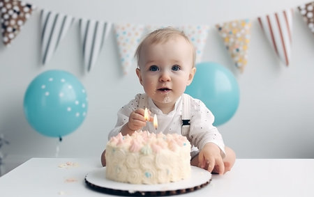 Cute little baby girl celebrating her first birthday with cake and candlesの素材