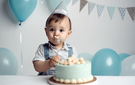 Cute little boy celebrating his first birthday at home with cake and balloonsの素材