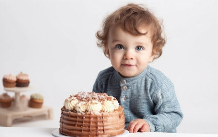 Cute little girl with curly hair and blue eyes eating chocolate cake on white backgroundの素材