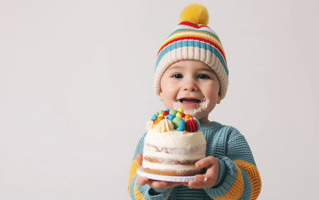 Cute little boy with a birthday cake on a white background.の素材
