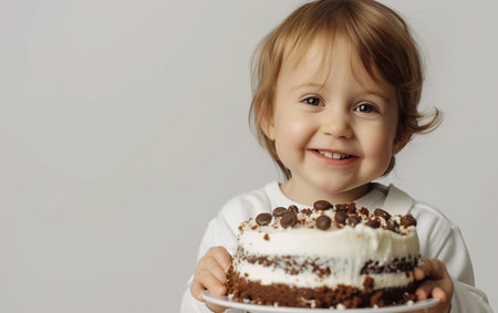 Cute little girl is holding a cake with chocolate and cream.の素材