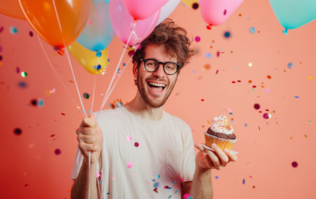 Happy young man with cupcake and balloons on a pink background.の素材