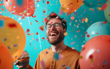 Happy young man with birthday cupcake and confetti on blue backgroundの素材