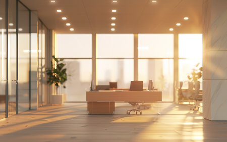 Office interior with furniture and sunlight. Mock up, 3D Renderingの素材