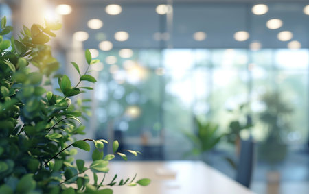 Blurred interior of modern office with green plant. 3D renderingの素材