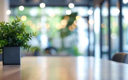 Empty table in coffee shop with bokeh background, product displayの素材