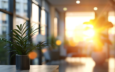 Green plant in a pot on a wooden table in the office. 3d renderingの素材