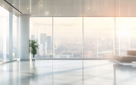 Modern office interior with panoramic window and city view. 3D Rendering