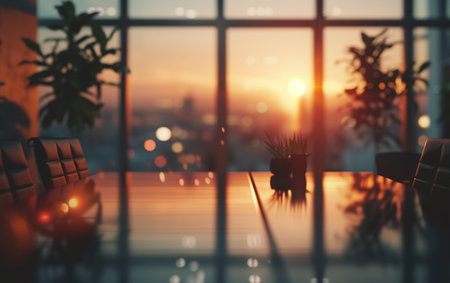 Empty table and chair in coffee shop with city view background. 3d renderingの素材